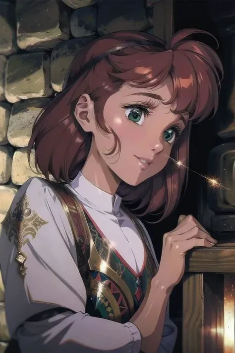 Princess Eilonwy, (masterpiece:1.1), (best quality:1.1), 1girl, Real light and shadow, anime face, 4k, 8k, wallpaper,epic, detail texture, fam, red hair, (green eyes:1.5) ((((red hair:1.35 colored inner hair,ear breathing)))), short hair, (((green_eyes:1.3))),intricate eyes,beautiful detailed eyes,symmetrical eyes,big eyes:1.5,(((lustrous skin:1.5,bright skin: 1.5,skin tanned,shiny skin,very shiny skin,shiny body,plastic glitter skin,exaggerated shiny skin,illuminated skin))),(detailed body,(detailed face)), cute, (((medieval man armor,adventurer man clothing,winter coat,unbuttoned shirt))),(((intricate outfit,intricate clothes,embroidered outfit,ornate outfit,embroidered clothes,ornate clothes))), (dynamic pose:1.0),happy,smile,(centered,scale to fit dimensions,Rule of thirds), (ultra detailed,extremely detailed),(photorealistic artwork:1.37),(extremely detailed CG unity 8k wallpaper),(((vibrant colors,vibrant theme))),(intricate),(masterpiece),(best quality),