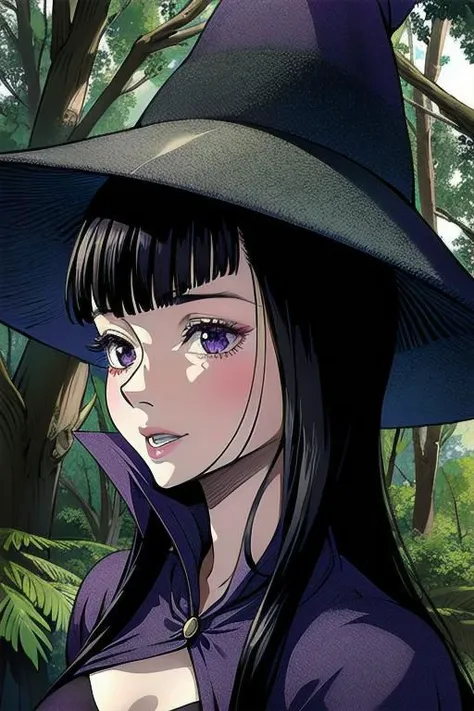 ultra realistic 8k cg, masterpiece, ((ultra detailed background, delicate pattern, intricate detail)), (highly detailed, fine details), best quality, 1girl, (photorealistic:1.4),beautiful lighting, absurdres, RAW photo, film grain, 1girl, solo, hat, witch hat, witch, purple-black hair, dress, smile, purple clothing, beautiful detailed lips, (((small breasts, slim girl))), blunt bangs, forest environment, forest, complex detailed background, morda, cowboy shot, <lora:BeautifulDetailedEyes:0.4>, <lora:DetailTweaker:0.5>, <lora:Morda10:0.8>