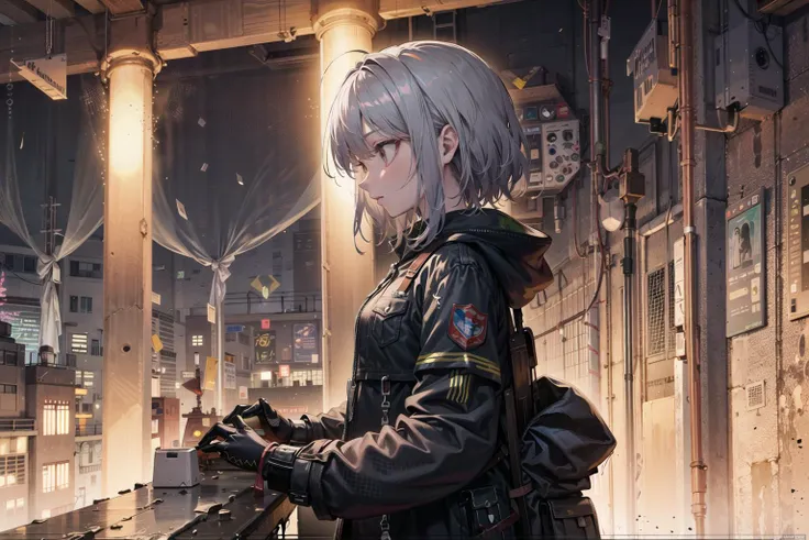 best quality, masterpiece, extremely detailed, detailed background, anime, 1girl, young girl, short girl, sci-fi, science fiction, outdoors, night, starry sky, greenhouse, megastructure, bio-dome, landscape, scenery, horizon, rooftop, sitting on rooftop, wind, looking away, atmospheric lighting, solo focus, close up, from side, depth of field, bokeh