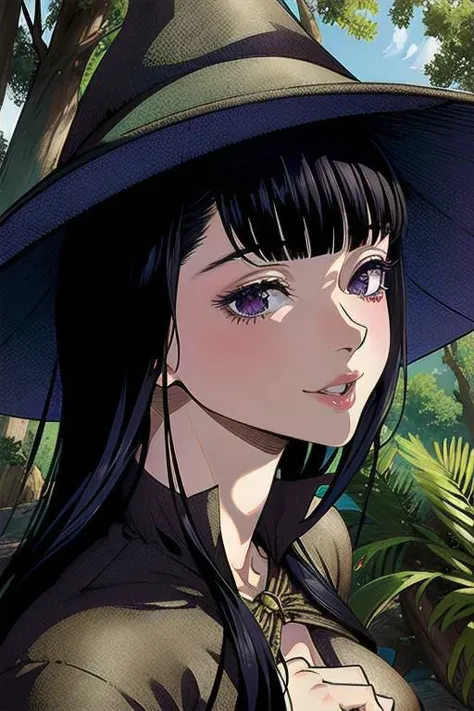 ultra realistic 8k cg, masterpiece, ((ultra detailed background, delicate pattern, intricate detail)), (highly detailed, fine details), best quality, 1girl, (photorealistic:1.4),beautiful lighting, absurdres, RAW photo, film grain, 1girl, solo, hat, witch hat, witch, purple-black hair, dress, smile, purple clothing, beautiful detailed lips, (((small breasts, slim girl))), blunt bangs, forest environment, forest, complex detailed background, morda, cowboy shot,