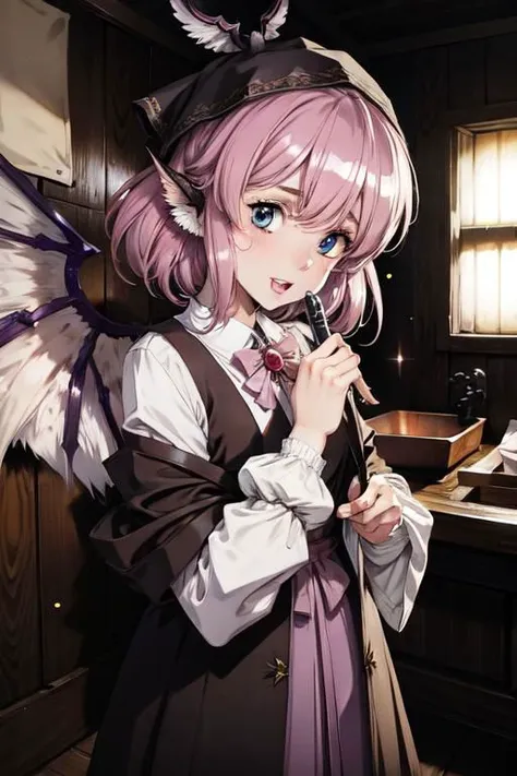 mystia lorelei, (masterpiece:1.1), (best quality:1.1), 1girl, Real light and shadow, anime face, 4k, 8k, 1girl,, okamisty, animal ears, wings, head scarf, japanese clothes, short hair, pink hair,epic, detail texture, pinkhair, (blue eyes:1.5), ((((pink hair:1.35 colored inner hair,ear breathing)))),((blue_eyes:1.3))),intricate eyes,beautiful detailed eyes,symmetrical eyes,big eyes:1.5,(((lustrous skin:1.5,bright skin: 1.5,skin tanned,shiny skin,very shiny skin,shiny body,plastic glitter skin,exaggerated shiny skin,illuminated skin))),(detailed body,(detailed face)), cute,slutty,erotic,daring, (((medieval man clothes,adventurer man clothing,winter coat,unbuttoned shirt))),(((intricate outfit,intricate clothes,embroidered outfit,ornate outfit,embroidered clothes,ornate clothes))), (dynamic pose:1.0),happy,smile,(centered,scale to fit dimensions,Rule of thirds), (ultra detailed,extremely detailed),(photorealistic artwork:1.37),(extremely detailed CG unity 8k wallpaper),(((vibrant colors,vibrant theme))),(intricate),(masterpiece),(best quality),