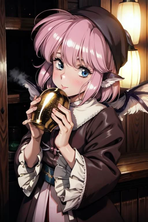 mystia lorelei, (masterpiece:1.1), (best quality:1.1), 1girl, Real light and shadow, anime face, 4k, 8k, 1girl,, okamisty, animal ears, wings, head scarf, japanese clothes, short hair, pink hair,epic, detail texture, pinkhair, (blue eyes:1.5), ((((pink hair:1.35 colored inner hair,ear breathing)))),((blue_eyes:1.3))),intricate eyes,beautiful detailed eyes,symmetrical eyes,big eyes:1.5,(((lustrous skin:1.5,bright skin: 1.5,skin tanned,shiny skin,very shiny skin,shiny body,plastic glitter skin,exaggerated shiny skin,illuminated skin))),(detailed body,(detailed face)), cute,slutty,erotic,daring, (((medieval man clothes,adventurer man clothing,winter coat,unbuttoned shirt))),(((intricate outfit,intricate clothes,embroidered outfit,ornate outfit,embroidered clothes,ornate clothes))), (dynamic pose:1.0),happy,smile,(centered,scale to fit dimensions,Rule of thirds), (ultra detailed,extremely detailed),(photorealistic artwork:1.37),(extremely detailed CG unity 8k wallpaper),(((vibrant colors,vibrant theme))),(intricate),(masterpiece),(best quality),