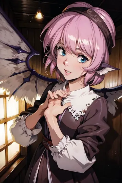 mystia lorelei, (masterpiece:1.1), (best quality:1.1), 1girl, Real light and shadow, anime face, 4k, 8k, 1girl,, okamisty, animal ears, wings, head scarf, japanese clothes, short hair, pink hair,epic, detail texture, pinkhair, (blue eyes:1.5), ((((pink hair:1.35 colored inner hair,ear breathing)))),((blue_eyes:1.3))),intricate eyes,beautiful detailed eyes,symmetrical eyes,big eyes:1.5,(((lustrous skin:1.5,bright skin: 1.5,skin tanned,shiny skin,very shiny skin,shiny body,plastic glitter skin,exaggerated shiny skin,illuminated skin))),(detailed body,(detailed face)), cute,slutty,erotic,daring, (((medieval man clothes,adventurer man clothing,winter coat,unbuttoned shirt))),(((intricate outfit,intricate clothes,embroidered outfit,ornate outfit,embroidered clothes,ornate clothes))), (dynamic pose:1.0),happy,smile,(centered,scale to fit dimensions,Rule of thirds), (ultra detailed,extremely detailed),(photorealistic artwork:1.37),(extremely detailed CG unity 8k wallpaper),(((vibrant colors,vibrant theme))),(intricate),(masterpiece),(best quality),