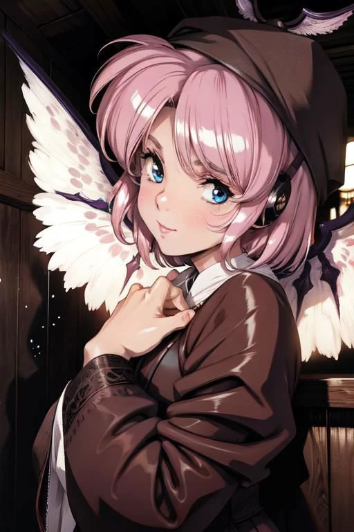 mystia lorelei, (masterpiece:1.1), (best quality:1.1), 1girl, Real light and shadow, anime face, 4k, 8k, 1girl,, okamisty, animal ears, wings, head scarf, japanese clothes, short hair, pink hair,epic, detail texture, pinkhair, (blue eyes:1.5), ((((pink hair:1.35 colored inner hair,ear breathing)))),((blue_eyes:1.3))),intricate eyes,beautiful detailed eyes,symmetrical eyes,big eyes:1.5,(((lustrous skin:1.5,bright skin: 1.5,skin tanned,shiny skin,very shiny skin,shiny body,plastic glitter skin,exaggerated shiny skin,illuminated skin))),(detailed body,(detailed face)), cute,slutty,erotic,daring, (((medieval man clothes,adventurer man clothing,winter coat,unbuttoned shirt))),(((intricate outfit,intricate clothes,embroidered outfit,ornate outfit,embroidered clothes,ornate clothes))), (dynamic pose:1.0),happy,smile,(centered,scale to fit dimensions,Rule of thirds), (ultra detailed,extremely detailed),(photorealistic artwork:1.37),(extremely detailed CG unity 8k wallpaper),(((vibrant colors,vibrant theme))),(intricate),(masterpiece),(best quality),