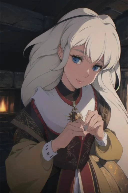 Princess Eilonwy, (masterpiece:1.1), (best quality:1.1), 1girl, Real light and shadow, anime face, 4k, 8k, wallpaper,epic, detail texture, fam, blonde hair, (blue eyes:1.5) ((((white hair:1.35 colored inner hair,ear breathing)))),(((blue_eyes:1.3))),intricate eyes,beautiful detailed eyes,symmetrical eyes,big eyes:1.5,(((lustrous skin:1.5,bright skin: 1.5,skin tanned,shiny skin,very shiny skin,shiny body,plastic glitter skin,exaggerated shiny skin,illuminated skin))),(detailed body,(detailed face)), cute, (((medieval man clothes,adventurer man clothing,winter coat,unbuttoned shirt))),(((intricate outfit,intricate clothes,embroidered outfit,ornate outfit,embroidered clothes,ornate clothes))), (dynamic pose:1.0),happy,smile,(centered,scale to fit dimensions,Rule of thirds), (ultra detailed,extremely detailed),(photorealistic artwork:1.37),(extremely detailed CG unity 8k wallpaper),(((vibrant colors,vibrant theme))),(intricate),(masterpiece),(best quality),