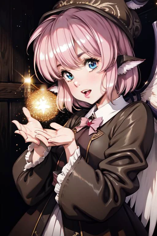 mystia lorelei, (masterpiece:1.1), (best quality:1.1), 1girl, Real light and shadow, anime face, 4k, 8k, 1girl,, okamisty, animal ears, wings, head scarf, japanese clothes, short hair, pink hair,epic, detail texture, pinkhair, (blue eyes:1.5), ((((pink hair:1.35 colored inner hair,ear breathing)))),((blue_eyes:1.3))),intricate eyes,beautiful detailed eyes,symmetrical eyes,big eyes:1.5,(((lustrous skin:1.5,bright skin: 1.5,skin tanned,shiny skin,very shiny skin,shiny body,plastic glitter skin,exaggerated shiny skin,illuminated skin))),(detailed body,(detailed face)), cute,slutty,erotic,daring, (((medieval man clothes,adventurer man clothing,winter coat,unbuttoned shirt))),(((intricate outfit,intricate clothes,embroidered outfit,ornate outfit,embroidered clothes,ornate clothes))), (dynamic pose:1.0),happy,smile,(centered,scale to fit dimensions,Rule of thirds), (ultra detailed,extremely detailed),(photorealistic artwork:1.37),(extremely detailed CG unity 8k wallpaper),(((vibrant colors,vibrant theme))),(intricate),(masterpiece),(best quality),