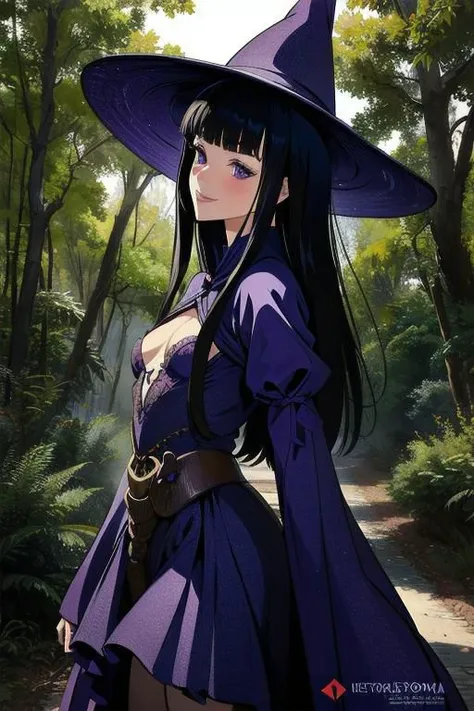 ultra realistic 8k cg, masterpiece, ((ultra detailed background, delicate pattern, intricate detail)), (highly detailed, fine details), best quality, 1girl, (photorealistic:1.4),beautiful lighting, absurdres, RAW photo, film grain, 1girl, solo, hat, witch hat, witch, purple-black hair, dress, smile, purple clothing, beautiful detailed lips, (((small breasts, slim girl))), blunt bangs, forest environment, forest, complex detailed background, morda, cowboy shot, <lora:BeautifulDetailedEyes:0.4>, <lora:DetailTweaker:0.5>, <lora:Morda10:0.8>