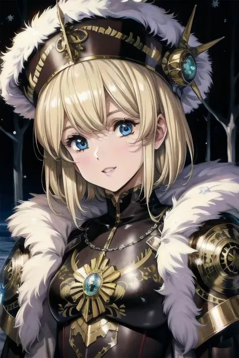 (masterpiece:1.1), (best quality:1.1), 1girl, Real light and shadow, anime face, 4k, 8k, wallpaper,epic, detail texture, blonde hair, (blue eyes:1.5), ((((blond hair:1.35, medium hair)))),intricate eyes,beautiful detailed eyes, (symmetrical eyes,big eyes:1.5,(((lustrous skin:1.5,bright skin: 1.5,skin tanned,shiny skin,very shiny skin,shiny body,plastic glitter skin,exaggerated shiny skin,illuminated skin))),(detailed body,(detailed face)), cute, erotic,daring, (((medieval man armor, fur hat, adventurer man armor,winter coat))),(((intricate outfit,intricate clothes, embroidered outfit,ornate outfit,embroidered clothes,ornate armor))), (dynamic pose:1.0),happy,smile,(centered,scale to fit dimensions,Rule of thirds), ((snowy pine forest at night)), with dark stormy clouds,winter,scenery:1.25,((snow forest background)),Christmas tree, highres,sharp focus,(ultra detailed,extremely detailed),(photorealistic artwork:1.37),(extremely detailed CG unity 8k wallpaper),(((vibrant colors,vibrant theme))),(intricate),(masterpiece),(best quality),