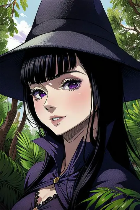 ultra realistic 8k cg, masterpiece, ((ultra detailed background, delicate pattern, intricate detail)), (highly detailed, fine details), best quality, 1girl, (photorealistic:1.4),beautiful lighting, absurdres, RAW photo, film grain, 1girl, solo, hat, witch hat, witch, purple-black hair, dress, smile, purple clothing, beautiful detailed lips, (((small breasts, slim girl))), blunt bangs, forest environment, forest, complex detailed background, morda, cowboy shot,