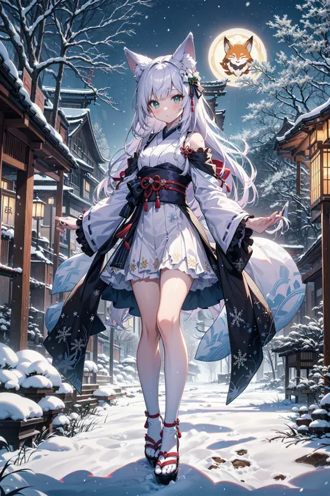 (masterpiece) ((pale purple hair, fox ears, fullbody with legs and shoes visible)) standing up, best quality, expressive eyes, perfect face, best quality, expressive eyes, (masterpiece) 1girl, fox girl, fox ears, (one) fox tail, long hair, pale purple hair, blushing, full face blushing, narrowed green eyes, stern and serious expression, cute pose, ((cute and elegant food-themed fashion)) white, green, pink, and brown dress, (multicoloured pastel dress) multilayered ruffled dress, frilly dress, ((mochi rice cakes embellished onto dress)) white traditional sash, trailing Japanese sleeves, white and light purple striped rice stockings, bows, white bows, small hair bows, ((snowflake hairpin)) ((circular mochi rice cakes : food theme, frozen rice desserts)) white mochi rice mary jane shoes, ((hyperdetailed delicious mochi clothing and fashion)) looking at you, vintage girl, blushing, (beautiful detailed eyes), (extremely detailed CG unity 8k wallpaper),(best shadow), ((an extremely delicate and beautiful)), (detailed light), ((depth of field)) big head, big sparkling eyes, moe, splash art, cinematic lighting, frontal view, volumetric lighting maximalist photo illustration 64k resolution high res intricately detailed complex key visual precise lineart ((in the enchanted snowy forest background, under the cold moonlight and ombre cold night sky, in front of beautiful crops of rice, Japanese zen shrines and frozen white trees, deep in the wilderness, surrounded by sparkling snow drifts and floating rice and mochi cake)) ((hyperdetailed background, shrouded in warm winter light and endless white fields of rice))