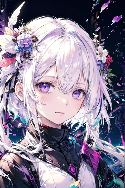 1girl, white hair, multicolored hair, purple eyes, mask on head, sidelighting, light particles, wallpaper,