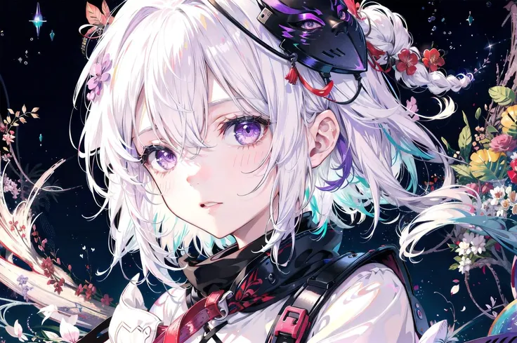 1girl, white hair, multicolored hair, purple eyes, mask on head, sidelighting, light particles, wallpaper,