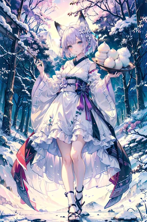 (masterpiece) ((pale purple hair, fox ears, fullbody with legs and shoes visible)) standing up, best quality, expressive eyes, perfect face, best quality, expressive eyes, (masterpiece) 1girl, fox girl, fox ears, (one) fox tail, short hair, shoulder length hair, pale purple hair, (bobcut) straight sidelocks, blushing, full face blushing, narrowed green eyes, stern and serious expression, cute pose, ((cute and elegant food-themed fashion)) white, green, pink, and brown dress, (multicoloured pastel dress) multilayered ruffled dress, frilly dress, ((mochi rice cakes embellished onto dress)) white traditional sash, trailing Japanese sleeves, white and light purple striped rice stockings, bows, white bows, small hair bows, ((snowflake hairpin)) ((circular mochi rice cakes : food theme, frozen rice desserts)) white mochi rice mary jane shoes, ((hyperdetailed delicious mochi clothing and fashion)) looking at you, vintage girl, blushing, (beautiful detailed eyes), (extremely detailed CG unity 8k wallpaper),(best shadow), ((an extremely delicate and beautiful)), (detailed light), ((depth of field)) big head, big sparkling eyes, moe, splash art, cinematic lighting, frontal view, volumetric lighting maximalist photo illustration 64k resolution high res intricately detailed complex key visual precise lineart ((in the enchanted snowy forest background, under the cold moonlight and ombre cold night sky, in front of beautiful crops of rice, Japanese zen shrines and frozen white trees, deep in the wilderness, surrounded by sparkling snow drifts and floating rice and mochi cake)) ((hyperdetailed background, shrouded in warm winter light and endless white fields of rice))