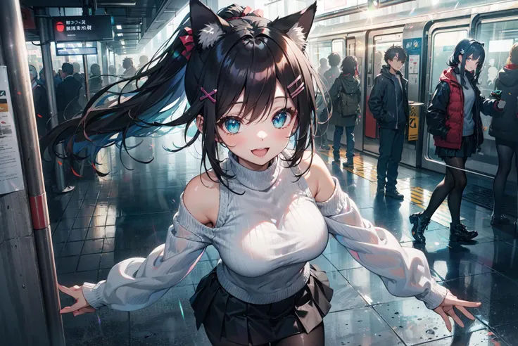 masterpiece, best quality, lens flare, depth of field, 1girl, close-up, hair ornament, black long hair, floating hair, (high long ponytail:1.2), cat ears, aqua glowing eyes, sparkling eyes, long sleeves, large breasts, sleeves past wrists, bare shoulders, high neck, transparent, see-through, white sweater, black shiny pantyhose, tight short miniskirt, solo, looking at viewer, light smile, :3, open mouth, scenery, underground, subway station, subway, indoors,