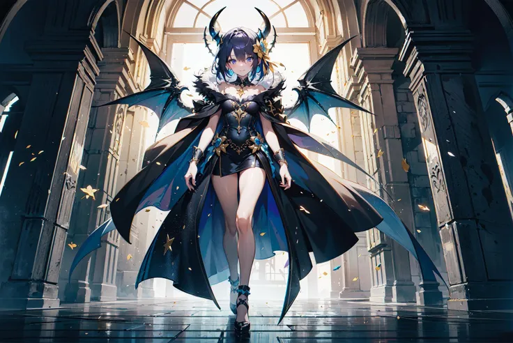 (((masterpiece))), (((best quality))), ((ultra-detailed)), (illustration), (detailed light), ((an extremely delicate and beautiful)), (beautiful detailed eyes), 1gril, blue eye, purple hair, devil smile, cute smile, devil eye, white long one-piece, flutter black cloak, (split-color hair:1.2), many ruxury jewels, gold magic, glitter magic, detail face, cinematic angle, beatyfull seen, extend one's hand pose, big head, golden magic wind blows, a crow flies, grand atmosphere, full body, more_details:-1, more_details:0, more_details:0.5, more_details:1, more_details:1.5
