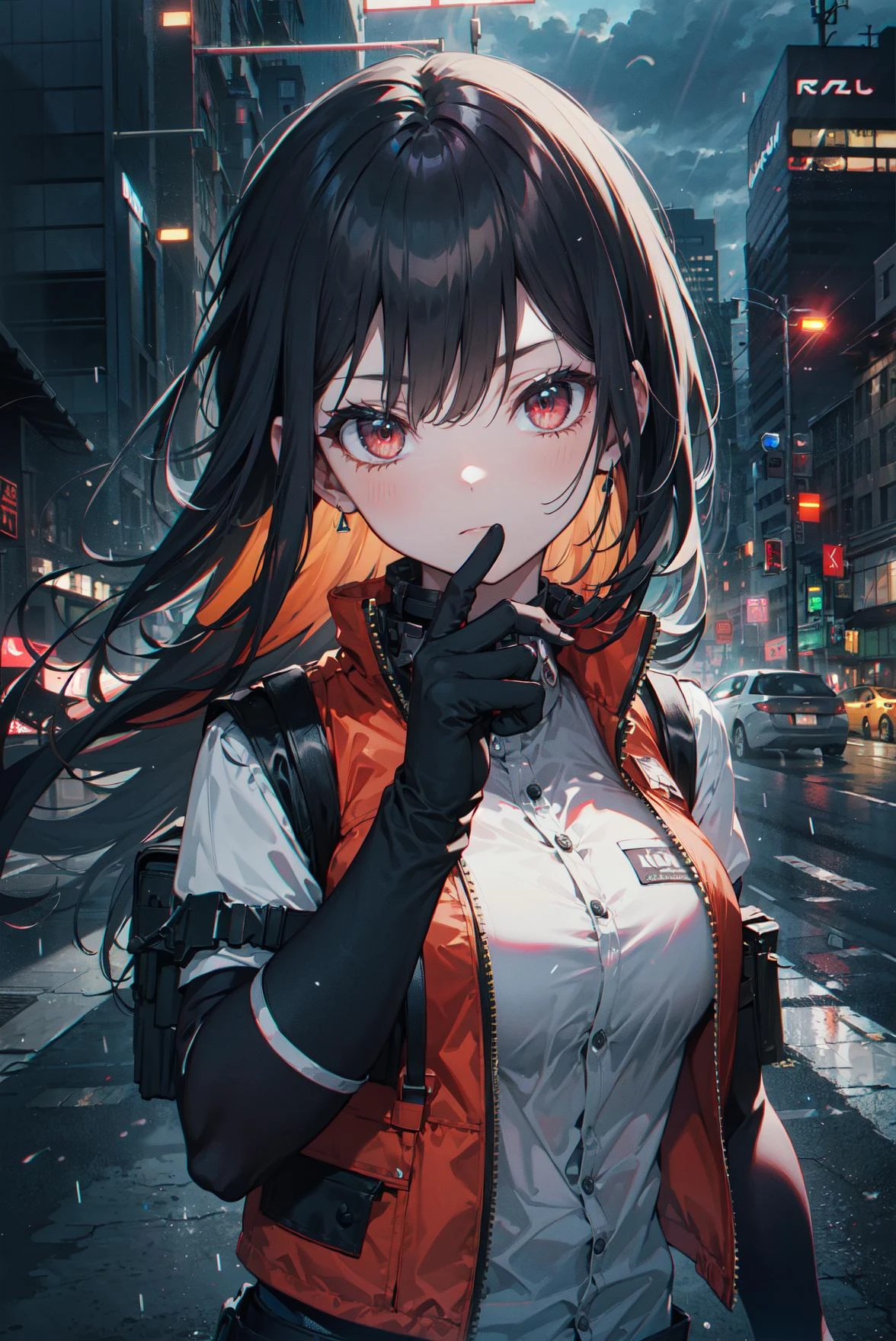 masterpiece, best quality, 1girl, black long hair, red eyes, (Tactical Vest, Tactical Gloves:1.4), expressionless,cloudy, city, street, urban, city lights, neon lights, metropolis,traffic,skyscrapers, street,highres,bokeh,dimly lit, round lighting, dark ambient,bloom, light rays, light particles, raining, (chromatic aberration:1.2), (detailed hand:1.4)