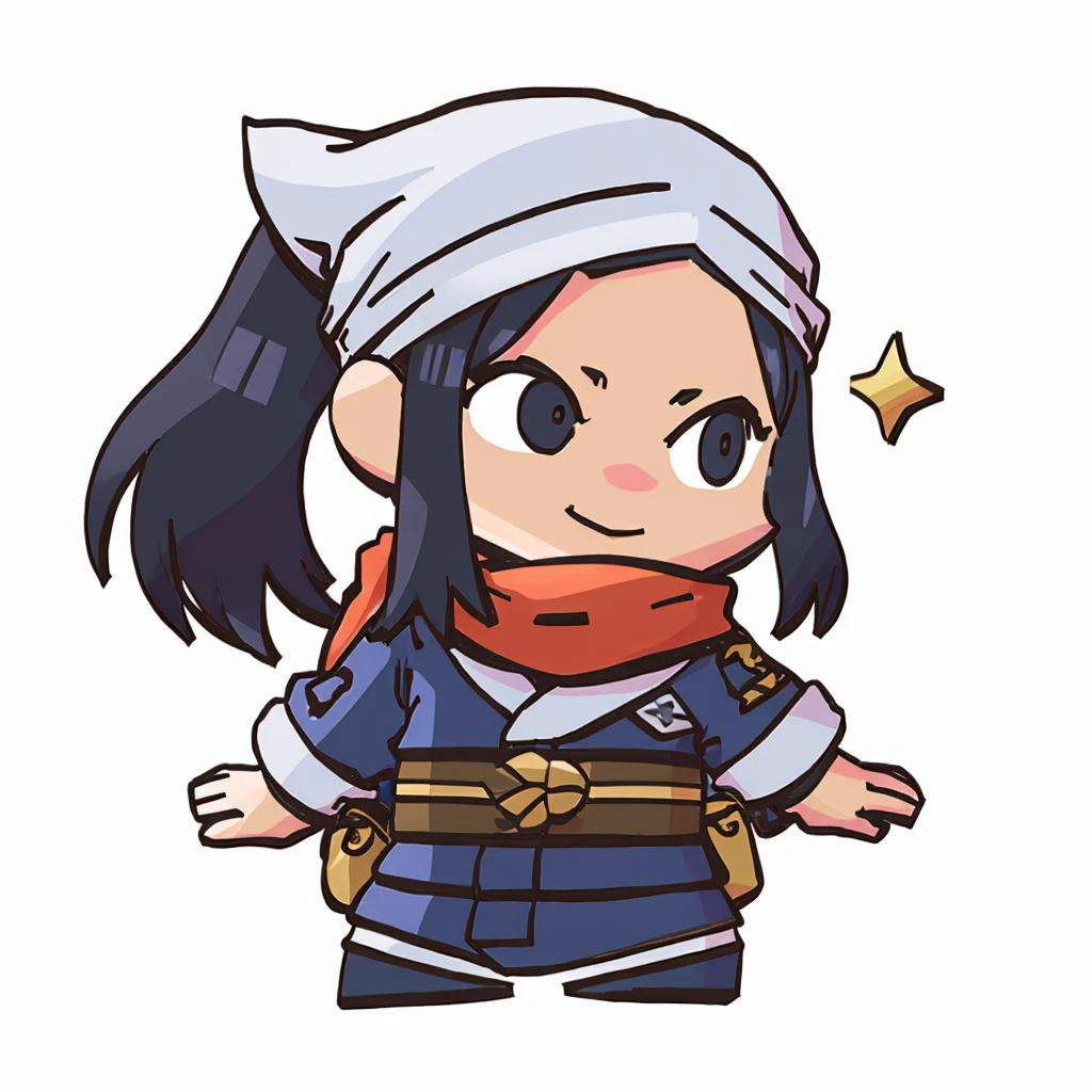 masterpiece, best quality, <lora:FEH-MTH_Fp:1> simple background, chibi <lora:pokemon_akari-10:1> pokemonakari, ponytail, head scarf, jacket, sash, shirt, pantyhose, red scarf, smile, furrowed brow