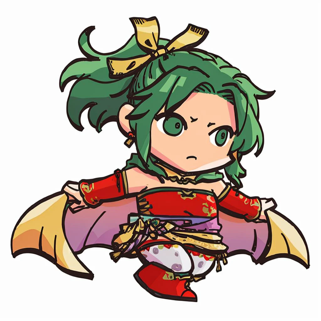 masterpiece, best quality, <lora:FEH-MTH_Fp:1> simple background, chibi <lora:tina-nvwls-v1-final:0.8> tina branford, green hair, cape, earrings, red dress, detached sleeves, hair ribbon, clothes around waist, print legwear, red boots