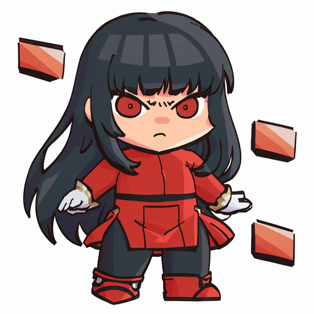 masterpiece, best quality, <lora:FEH-MTH_Fp:1> simple background, chibi <lora:sabrina-nvwls-v1:0.8> frlgsabrina, blunt bangs, very long hair, black bodysuit, red crop top, red sleeves, red skirt, white gloves, black pantyhose, standing, furrowed brow