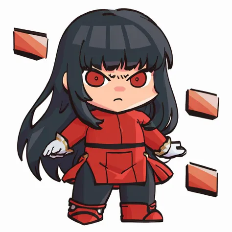 masterpiece, best quality, <lora:FEH-MTH_Fp:1> simple background, chibi   <lora:sabrina-nvwls-v1:0.8> frlgsabrina, blunt bangs, very long hair, black bodysuit, red crop top, red sleeves, red skirt, white gloves, black pantyhose, standing, furrowed brow