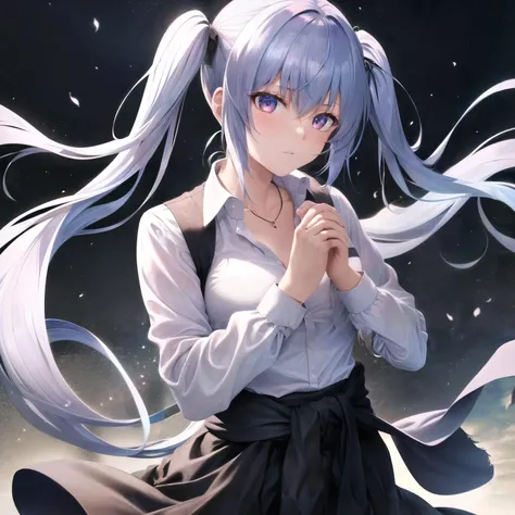 best quality, ultra quality, masterpiece,1 girl, solo, twintails, medium breasts, necklace, collared shirt, black vest, sleeves rolled up, clothes around waist, black skirt praying, own hands together,