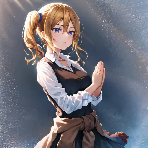 best quality, ultra quality, masterpiece,1 girl, solo, aahayasaka, side ponytail, medium breasts, necklace, collared shirt, black vest, sleeves rolled up, clothes around waist, black skirt praying, own hands together,