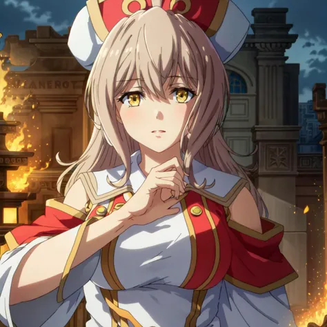 <lora:HNTSADL_Lumachina_Weselia_by_minion:0.62> lumachina, priestgear, hat, dynamic pose, priestess, regal, respectable, looking at viewer, kindness, yellow eyes, blonde hair, high contrast, sharp focus, masterpiece, best quality, highly detailed, HDR, highest quality, highres, sharp focus, 8k, 16k, skin pores, dynamic lights, realistic shadows, best shading, award winning masterpiece