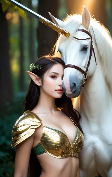 18 y.o beautiful girl,masterpiece,best quality,eyes close-up,round face,best fingers,facing viewer,magnificent,ethereal,(reality:1.2),epic,majestic,magical,fantasy art,cover art,dreamy,elegant,cinematic,background illuminated,rich deep colors,ambient dramatic atmosphere,creative,perfect,beautiful composition,intricate,detailed,
ink and wash,soft backlight,petite,chibi,(elf:1.2),forest,(mini_wings),gold bikini_armor,pale_skin,shoulder_armor,wearing a wreath,dark elf,queen,(take the elf green long sword:1.1),from_below,Volumetric Lighting,metal reflection,(riding a white unicorn),(take the elven spear),