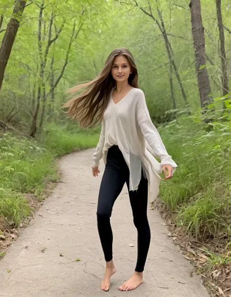 A stunning, 1girl with her long hair flowing gracefully, donned in a light-colored sweater over dark pants, confidently walked along the path alone, embracing the serenity of nature and expressing her individuality in this solo venture. PPrime <lora:jnhnns18f0108a07aq16e:1>