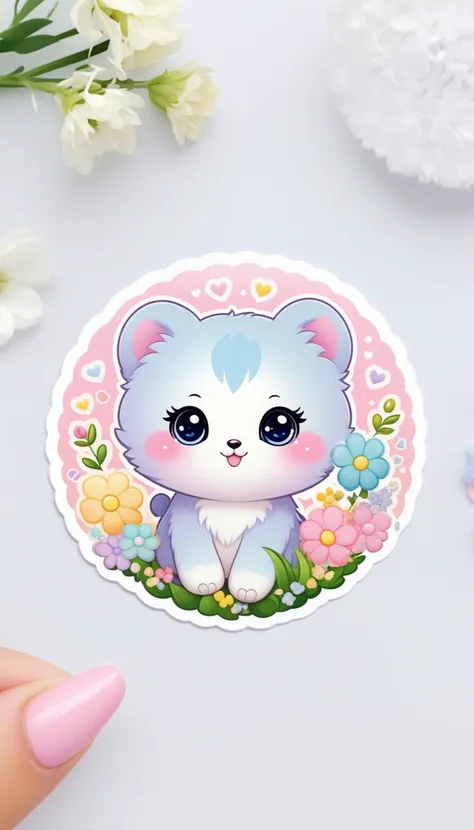 Sticker of a cute, round little animal with big, sparkling eyes and a gentle smile on its face. It has soft, pastel-colored fur. The small critter is surrounded by dainty, heart-shaped flowers in complementary pastel shades, adding to the sticker's overall charm.The white background provides the perfect canvas for this adorable creature, allowing its pastel features to pop and catch the eye. The sticker design exudes a warm and playful energy, making it an endearing addition to any item it adorns.