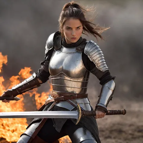 a female warrior, medieval fantasy knight, heavily armored, holding a sword, fierce expression, long flowing hair, intricate armor details, bright magical energy, dramatic lighting, cinematic pose, epic landscape background, (best quality,4k,8k,high resolution,masterpiece:1.2),ultra-detailed,(Realistic,photoRealistic,photo-Realistic:1.37),fantasy art, digital painting, dramatic colors, dramatic lighting