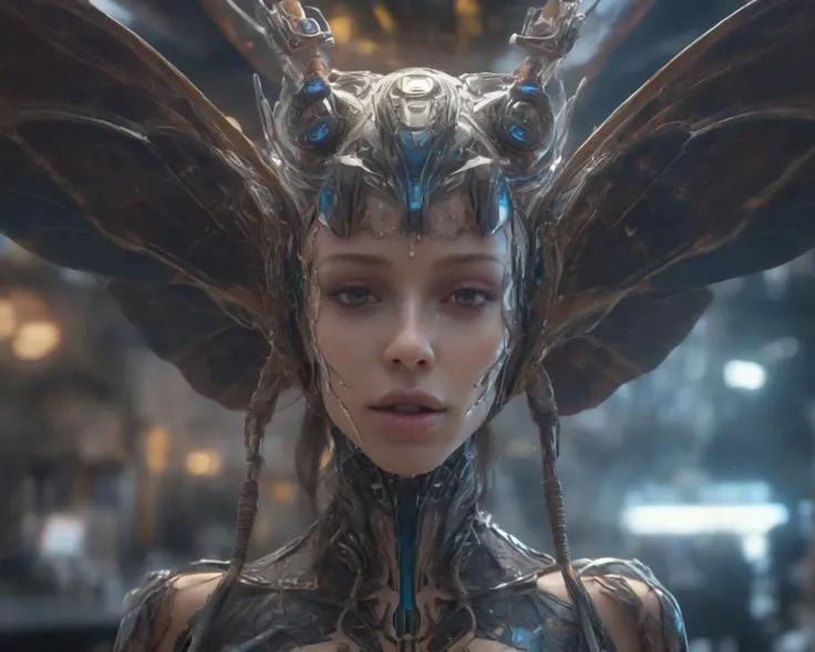 cyborg moth woman, alien world, atompunk, ziprealism