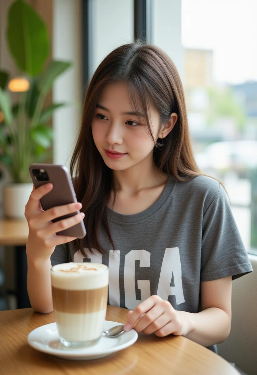 Masterpiece Photography: A Young Asian Woman in a Cafe. She is of Asian descent, with long brown hair and a relaxed expression as she stared at the smartphone in her righthand. She was wearing a colorful gray sports shirt. On the wooden table in front of her was a large layered latte, as well as a plate and spoon. The background includes blurry green plants and a sunlit window with transparent curtains. This photo has a warm and enticing tone, capturing moments of leisure and contentment <lora:snzx_xy_flux_lora_v1:0.5> <lora:F.1 Asian Girläºæ´²äººå_v1.0:0.5>