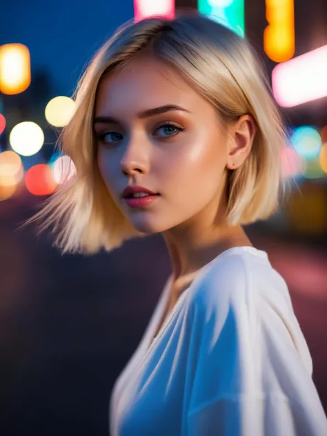 Extremely beautiful 18yo girl runing,(Extremely cure beauty:1.2),highly clear face,Night noise city road,very cute,phenomenal aesthetic,Amazing photos,Cinematic Lighting,Clear perfect eyes,light gold short hair,bokeh,Sexy self-confidence,proud and independent,NSFW,flowing light and colorful colors,
