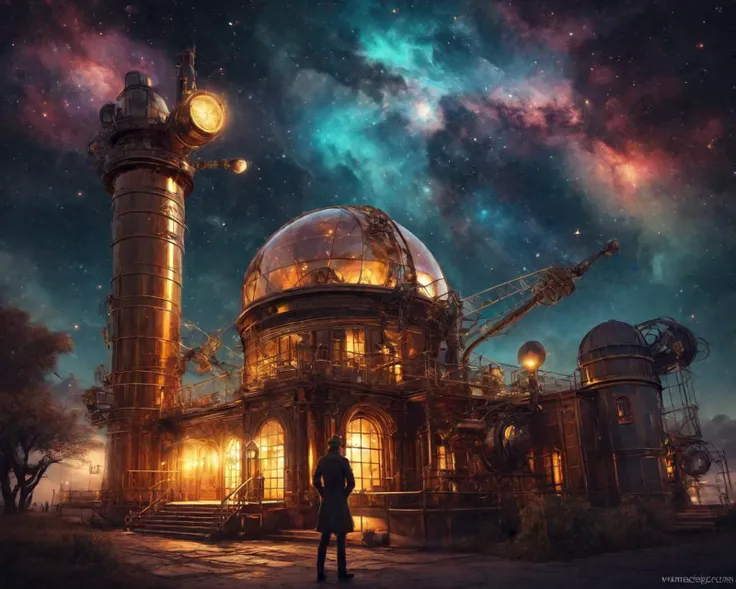 astronomer, observatory, steampunk, glowing lights, nebula