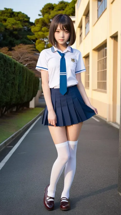 Cute Japanese high school girl standing in the school playground、Uniform Mini Skirt、Hands outstretched to the side、Full body portrait、Smiling
