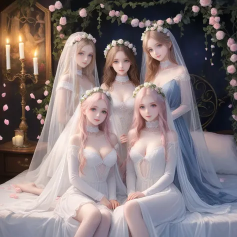 Hyperrealistic art four girls, young brides, short petite feminine bodies, nymphs hourglass figure, 22 years old girl, perfect beautiful sweet face with beautiful natural eyes, youthful, beautiful styled hair sweetly decorated, thin petite, theme, see through white chiffon pagan short dress with ribbons, chiffon cape, chiffon choker bridal veil, dark night, candle light, pagan fantasy, medium breasts, deep cleavage, perfect pale milk white skin, night, large white soft sweet pagan bed, well decorated rbedoom with pagan fantasy theme, purity, sweet kind expressions, mouths slightly open, sheer drapes, vines, erotic paintings on wall, full body, sweet smiles, petals, folwers, close-up, 8k, colourful, light pink, white, light blue<lora:add-detail-xl:2>, ,. Extremely high-resolution details, photographic, realism pushed to extreme, fine texture, incredibly lifelike ,