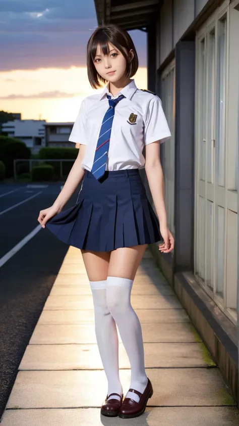 18 y.o slender france|japanese girl,(highly clear face,very cute,Extremely cure beauty,Sexy self-confidence,proud and independent,Clear perfect eyes,phenomenal aesthetic,Amazing photos),Cinematic Lighting,narrow_waist,slender face,skinny,street at night,short hair,school uniform,legs,full body,((school_uniform)),pleated skirt,(BLUE_Long_Tie),brown_shoes,(Gravure pose:1.2),Sunset,Nippon High School,wsal,<lora:wsal:0.5>,((baisijdly, white legwear):1.2),white thighhighs,<lora:baisijdly:0.8>,<lora:H4900v_0.86:0.5>,