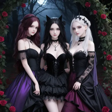 Hyperrealistic art, four girls, pagan witches, sweet sensual arousing and seductive, short thin feminine bodies, nymphs, 22 years old girl, irresistible, perfect beautiful sweet face, beautiful styled hair sweetly decorated, gothic pagan dress with tied velvet bodice intricate floral pattern, short chiffon skirt, puffy shoulders, chiffon cape, velvet choker, dark night, candle light, pagan fantasy, deep cleavage, perfect pale milk white skin, medium breats, large white bed soft and sweet, dark forest pagan gothic fantasy theme, sheer drapes, vines, full body, petals, folwers, close-up, 8k, colourful, black, dark red, purple, dark colours, magical aura, sweet sinister smiles <lora:add-detail-xl:2>, Extremely high-resolution details, photographic, realism pushed to extreme, fine texture, incredibly lifelike