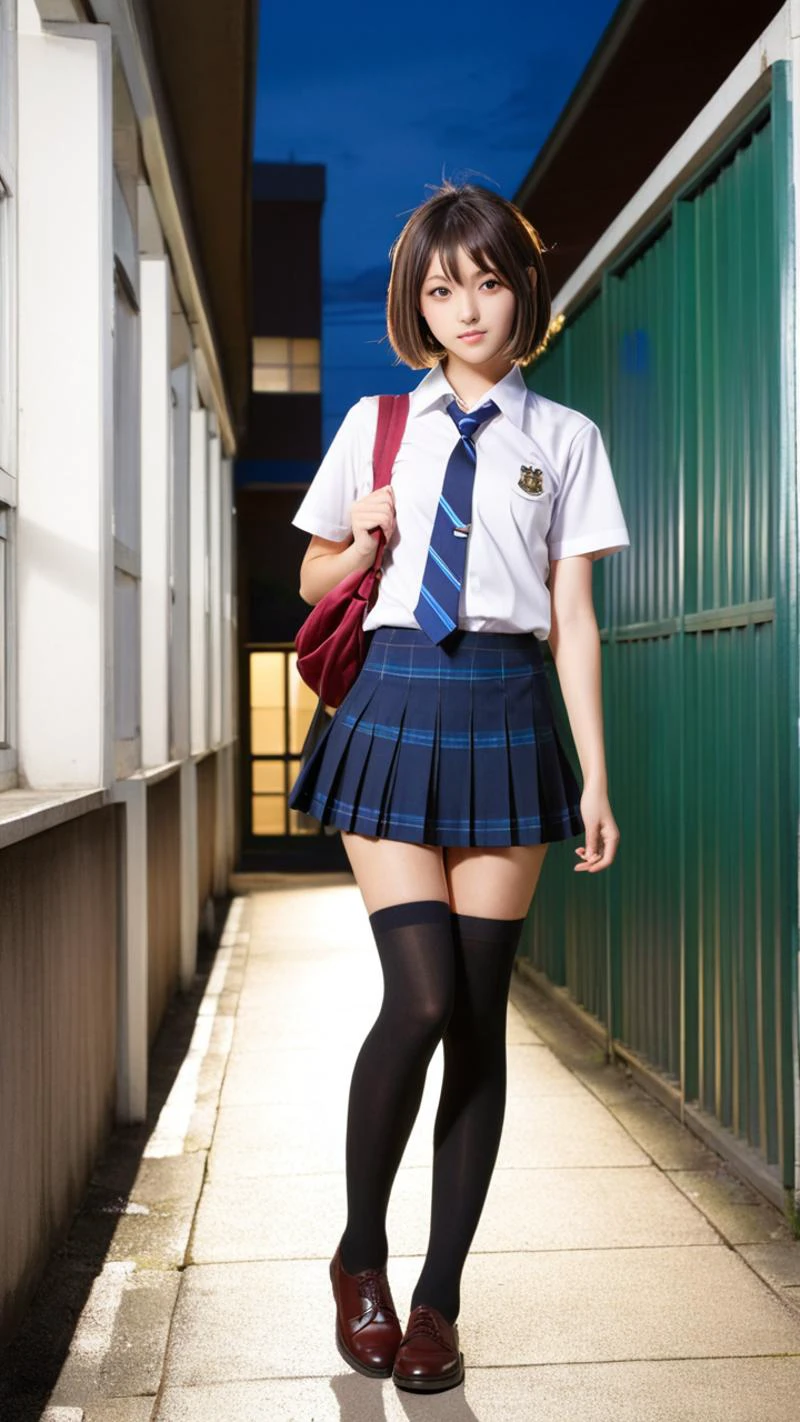 18 y.o slender france|japanese girl,(highly clear face,very cute,Extremely cure beauty,Sexy self-confidence,proud and independent,Clear perfect eyes,phenomenal aesthetic,Amazing photos),Cinematic Lighting,narrow_waist,slender face,skinny,street at night,short hair,school uniform,legs,full body,((school_uniform)),pleated skirt,(BLUE_Long_Tie),brown_shoes,(Gravure pose:1),Sunset,Nippon High School,wsal,<lora:wsal:0.5>,((baisijdly, black legwear):1.2),black thighhighs,<lora:baisijdly:0.8>,<lora:H4900v_0.86:0.5>,