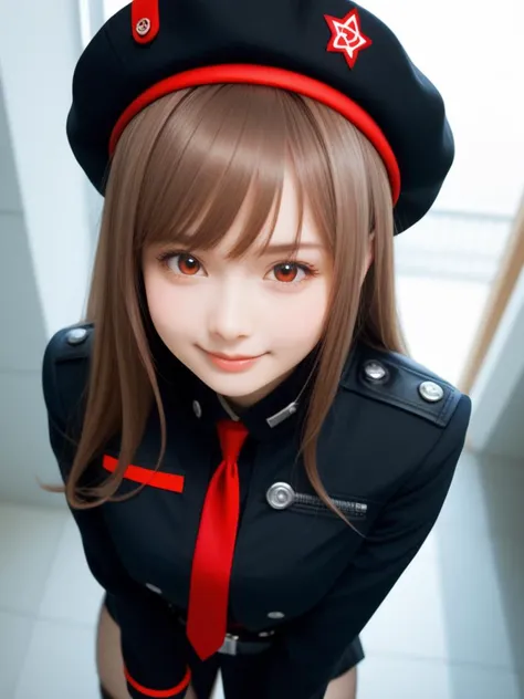 score_9, score_8_up, score_7_up, score_6_up, score_5_up, score_4_up, source_anime, <lora:CLD 0.1v:1> CLD, rapidef, red eyes, brown hair, long hair, bangs, beret, black jacket, cropped jacket, red necktie, gloves, black shirt, belt, thighhighs, pov, leaning forward, soft smile, close up, upper body, blush <lora:rapi-nikke-richy-v1_pdxl:1>