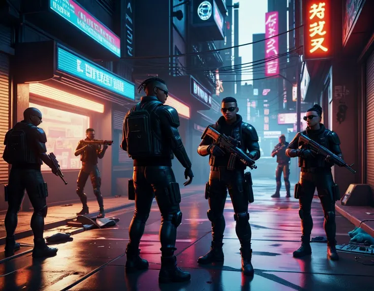 masterpiece, high quality, 4k, 8k, high resolution, best quality, realistic, intricate details, ray tracing, HDR, detailed shadows, dramatic lighting, cyber aesthetics

A scene of gang shooting in cyberpunk streets