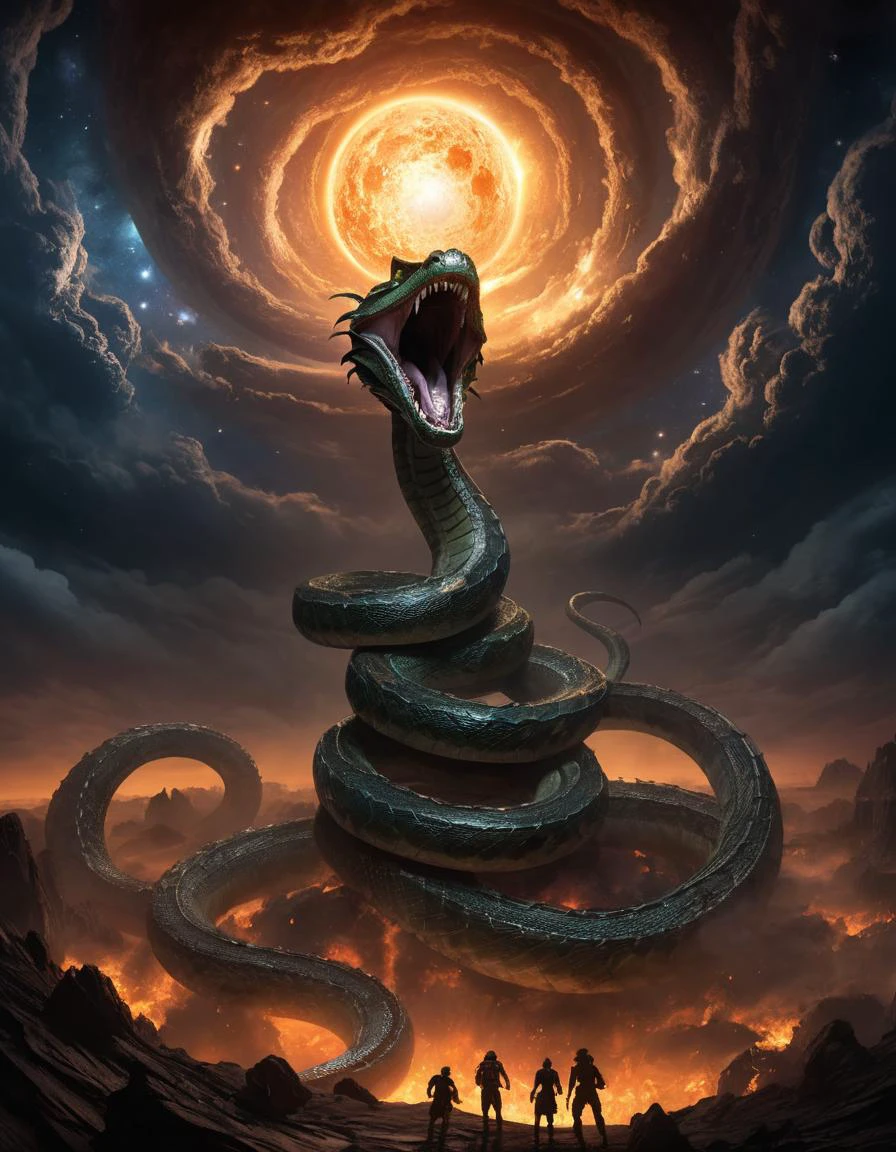 masterpiece, high quality, 4k, 8k, high resolution, best quality, realistic, intricate details, ray tracing, HDR, detailed shadows, dramatic lighting,
All out genocide
As the stars of darkness descends
The serpent crawls
Upon the weeping face of jehovah
The infernal shockwaves
Strike through heaven and earth
Universal downfall
Starts the ancient's rebirth