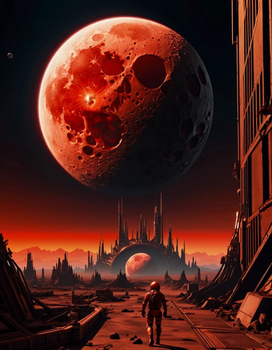 masterpiece, high quality, 4k, 8k, high resolution, best quality, realistic, intricate details, ray tracing, HDR, detailed shadows, dramatic lighting, cyber, sci fi aesthetics
A bloody moon, portending doom
Another cruel day is coming soon
Have to end this but it's just begun
A final charge, with the rising sun