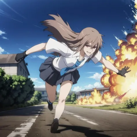masterpiece,high quality,building,road,car,battlefield,explosion effect,blue sky,sun,sunshine,wind,
<lora:Chinatsu002:0.7>,looking at viewer,smile,
Chinatsu,1girl,longhair,
school uniform,necktie,collared shirt,short sleeves,
running,leaning forward,full body,
