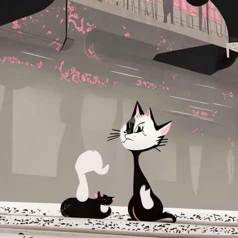 photo, Beautiful woman Stands alone at a high heels end with images of cat in the train wreck scene. crazy! stinky bun! in the style of <lora:jackscapeSamuraiJack_v1:1.2>