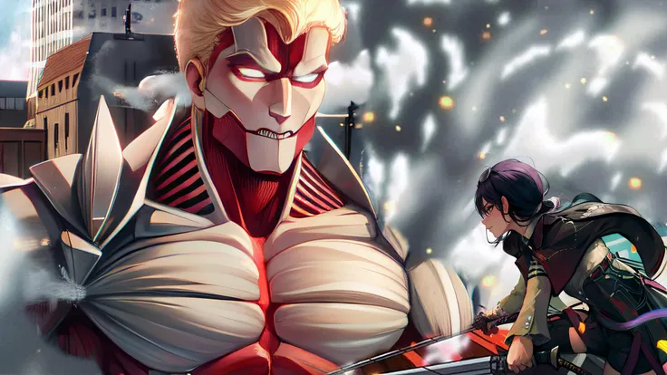 Highly detailed, High Quality, Masterpiece, beautiful, 1girl, solo, Kafka, jacket, <lora:Kafka:0.9>, (looking up, looking away:1.4), holding, sword, holding sword, weapon, holding weapon, angry, Armored Titan, muscular, giant, size ratio, short hair, blonde, building, teeth, armor on body, armor on face, light in eyes, steam and smoke, head to knees, red muscles, <lora:Char_AOT_ArmoredTitan:0.9>
