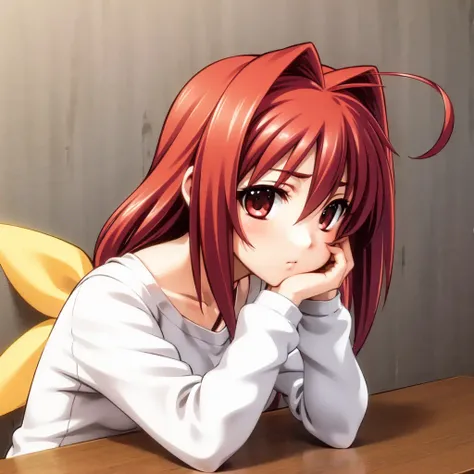 solo, Kagami Sumika, red hair, ahoge, red eyes, looking at viewer, casual clothes, resting head on hands, yellow bow