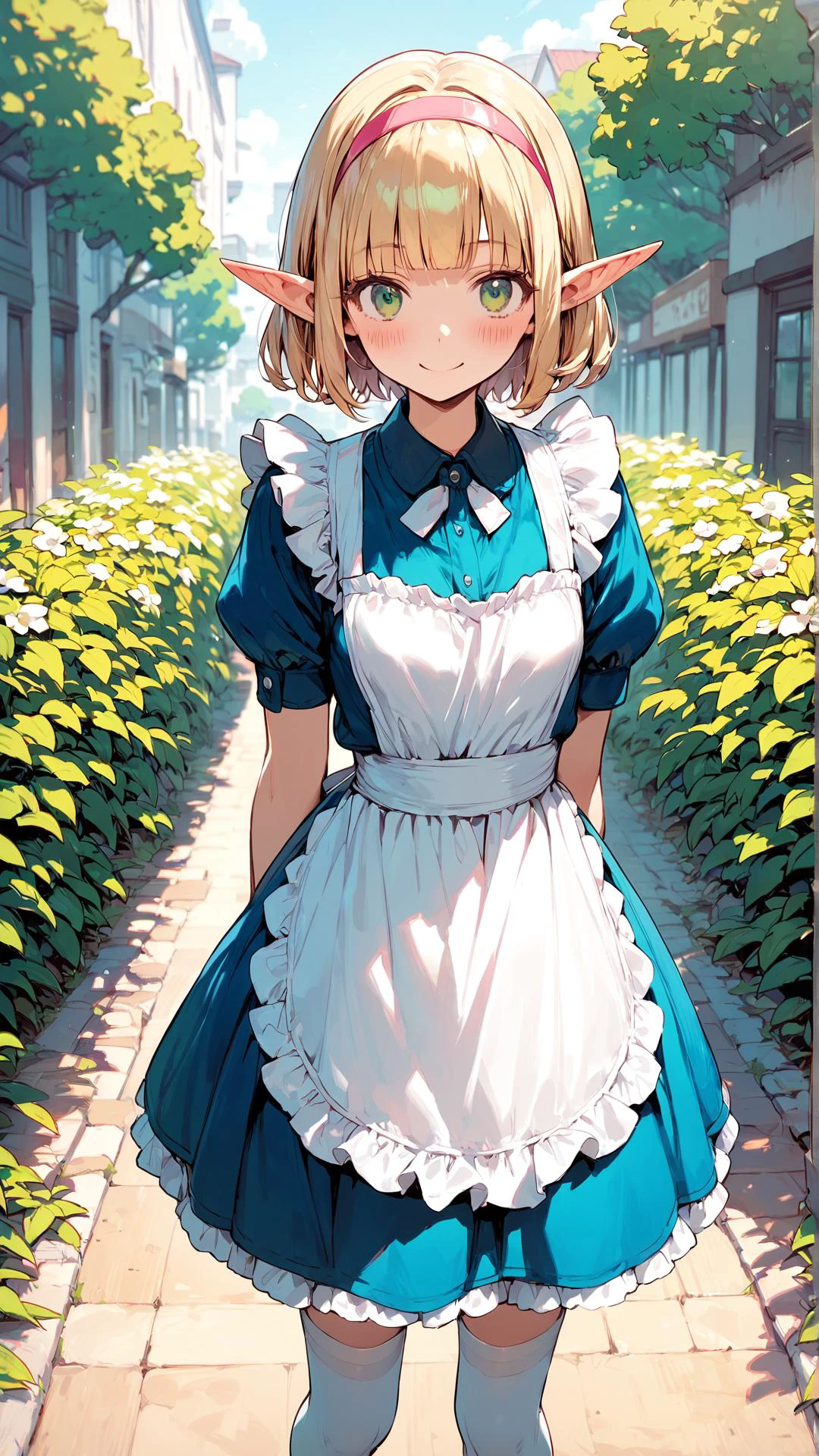 1girl, solo,(elf girl), small breasts, small, skinny, green eyes, blunt bangs, blonde bob hair, pink hairband, elf ears, (kawaii, cute, lovely),looking at viewer,
apron, blue dress, blush, dress, maid, maid apron, thighhighs, outdoors, happy smile, v
(watercolor \(medium\):0.8), (graphite \(medium\), sketch:0.6), best quality,