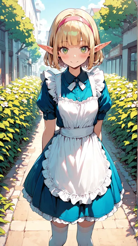 1girl, solo,(elf girl), small breasts, small, skinny, green eyes, blunt bangs, blonde bob hair, pink hairband, elf ears, (kawaii, cute, lovely),looking at viewer, 
apron, blue dress, blush, dress, maid, maid apron, thighhighs, outdoors, happy smile, v
(watercolor \(medium\):0.8), (graphite \(medium\), sketch:0.6), best quality,